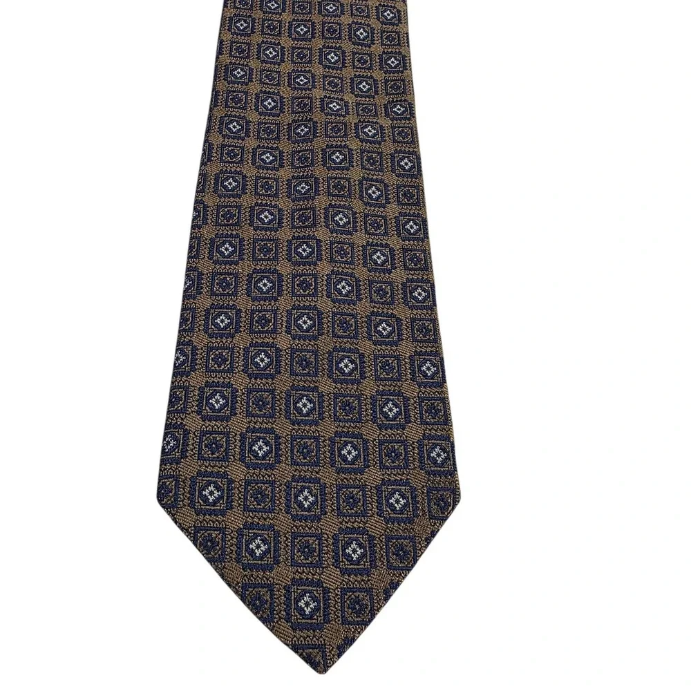 Faconnable Silk Mens Geometric Pattern Necktie‎ Brown Blue Luxury Designer